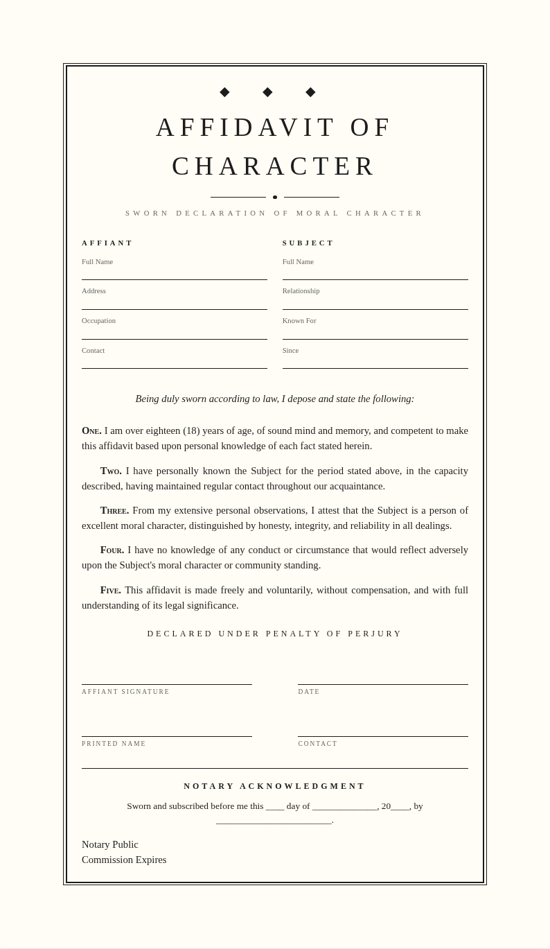 Art Deco Modern Affidavit of Character